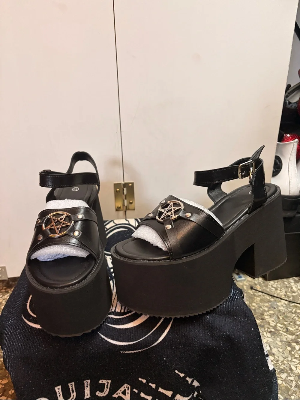 Chunky Black Platform Ankle-Strap Sandals with Pentagram Accent